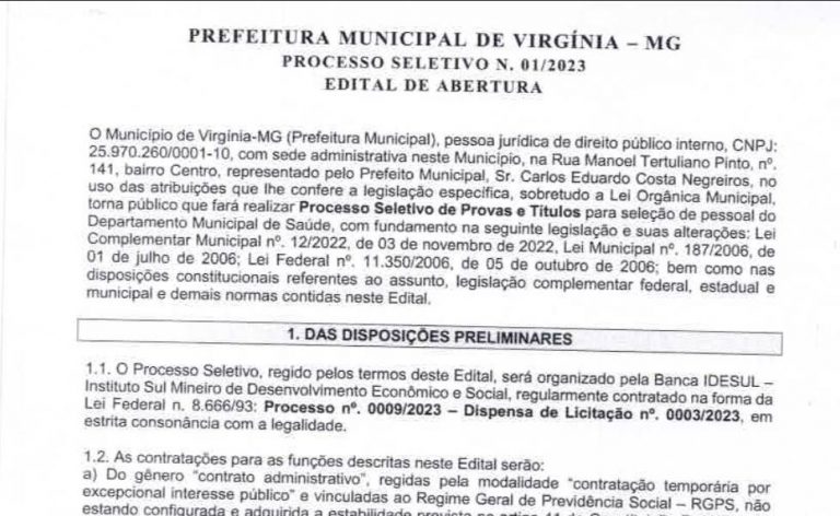 Edital de abertura do processo seletivo nº 012023 do PSF para a Prefeitura Municipal de Virgínia-MG