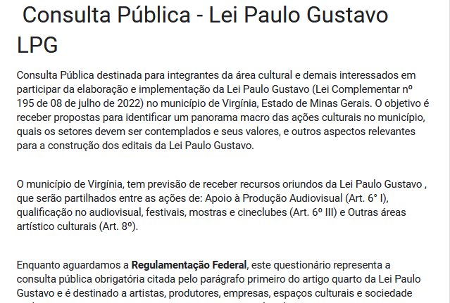 Consulta Pública da “Lei Paulo Gustavo/Virgínia MG”